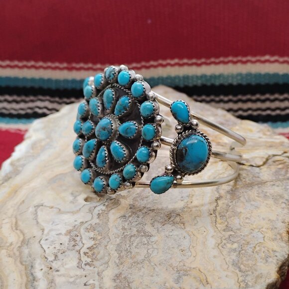 Native Navajo Running Bear Sterling Silver Turquoise Cluster Cuff Bracelet 37.4g - Picture 5 of 12